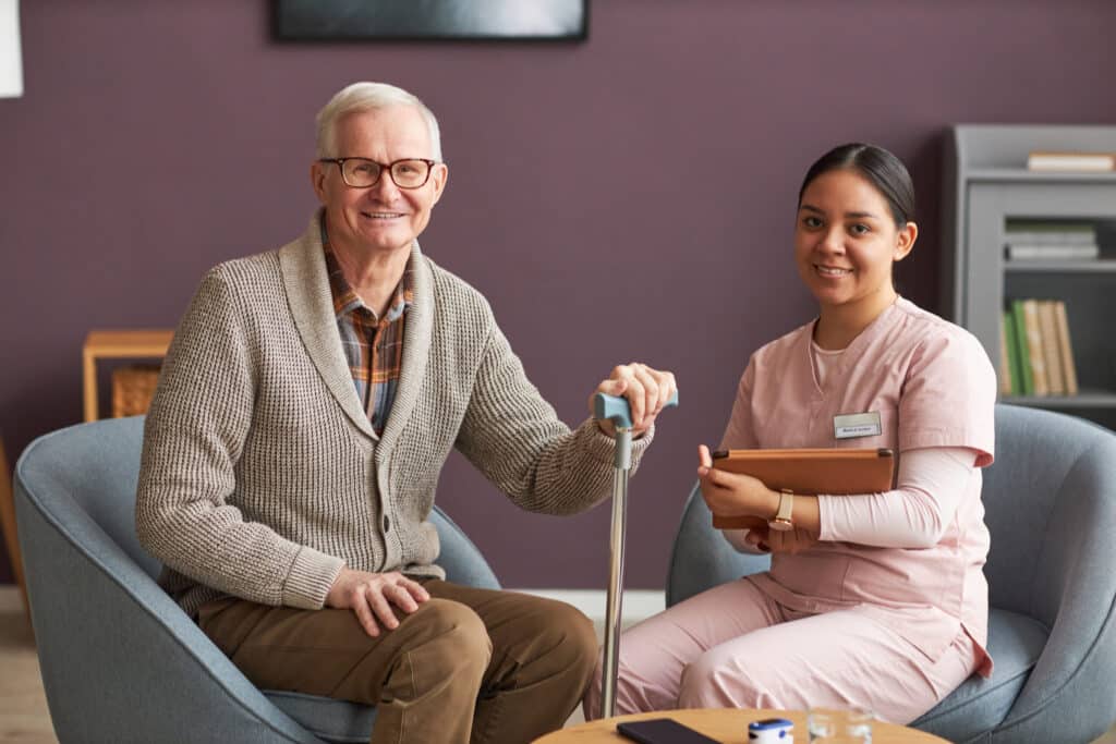 Smiling senior receiving companion care services in La Mesa, CA from a Golden Care caregiver, highlighting trusted and joyful la mesa ca companion care at home.