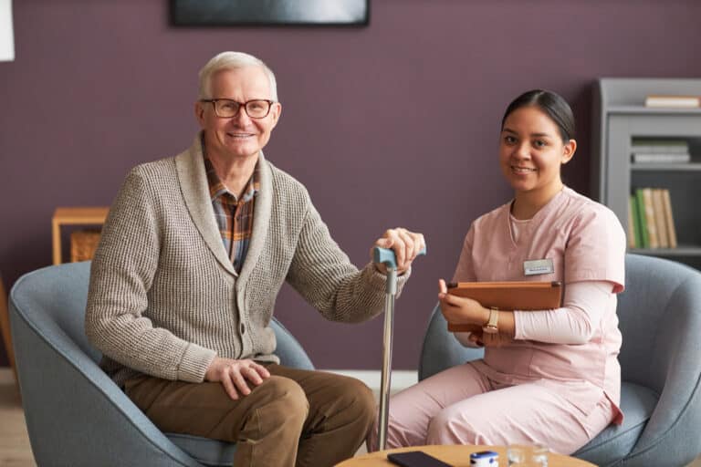 Smiling senior receiving companion care services in La Mesa, CA from a Golden Care caregiver, highlighting trusted and joyful la mesa ca companion care at home.