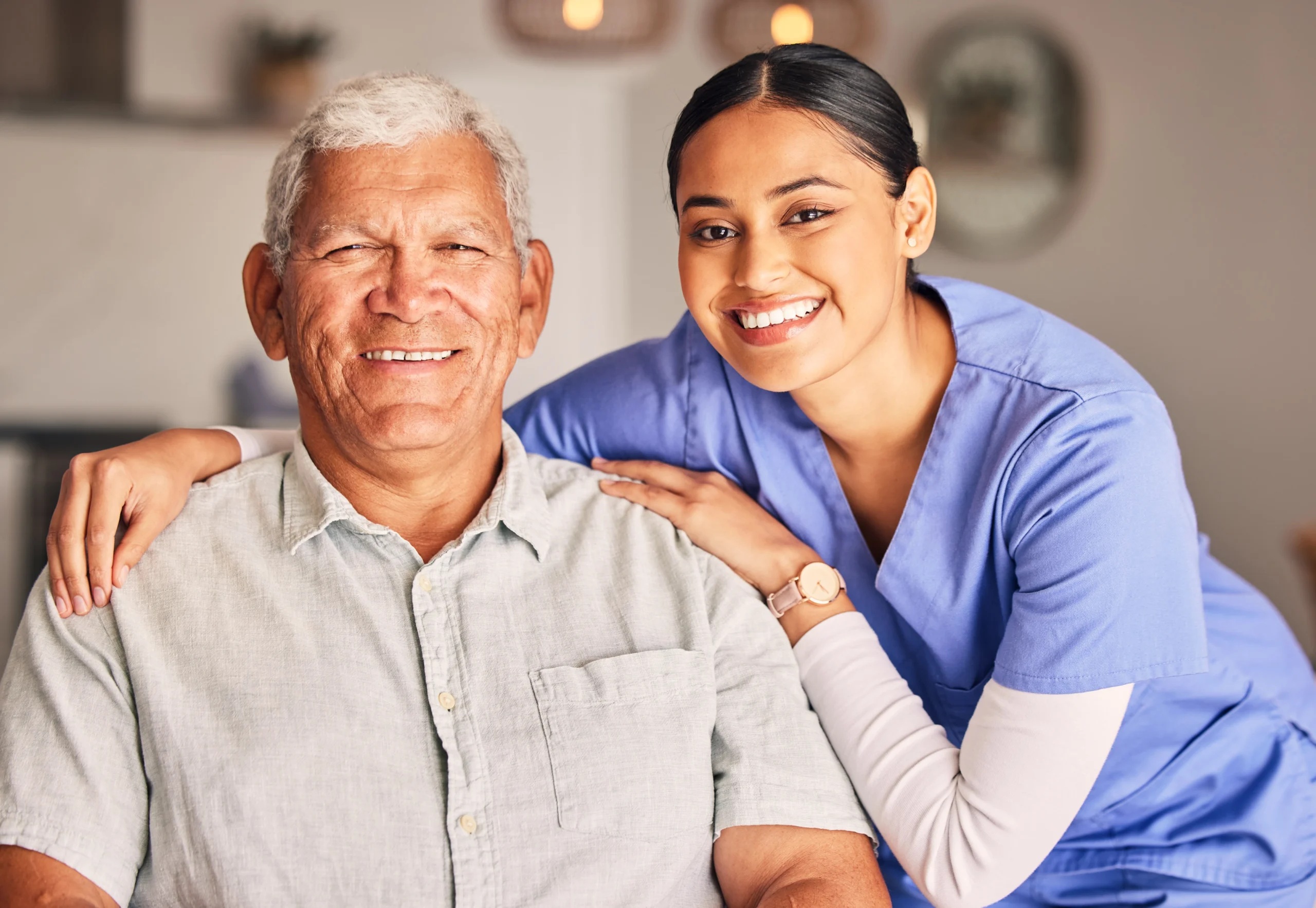 Home Care in Mission Valley CA caregiver side by side with Hispanic grandfather